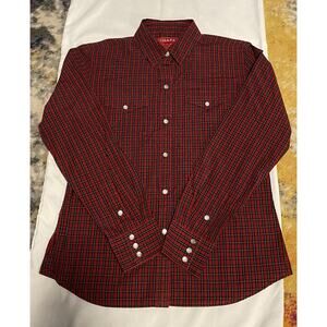 Chaps Denim Shirt Womens Size S Red Plaid Western Collar Long Sleeve Pearl Snaps